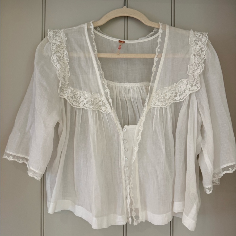 Free People White Lace Trim Blouse